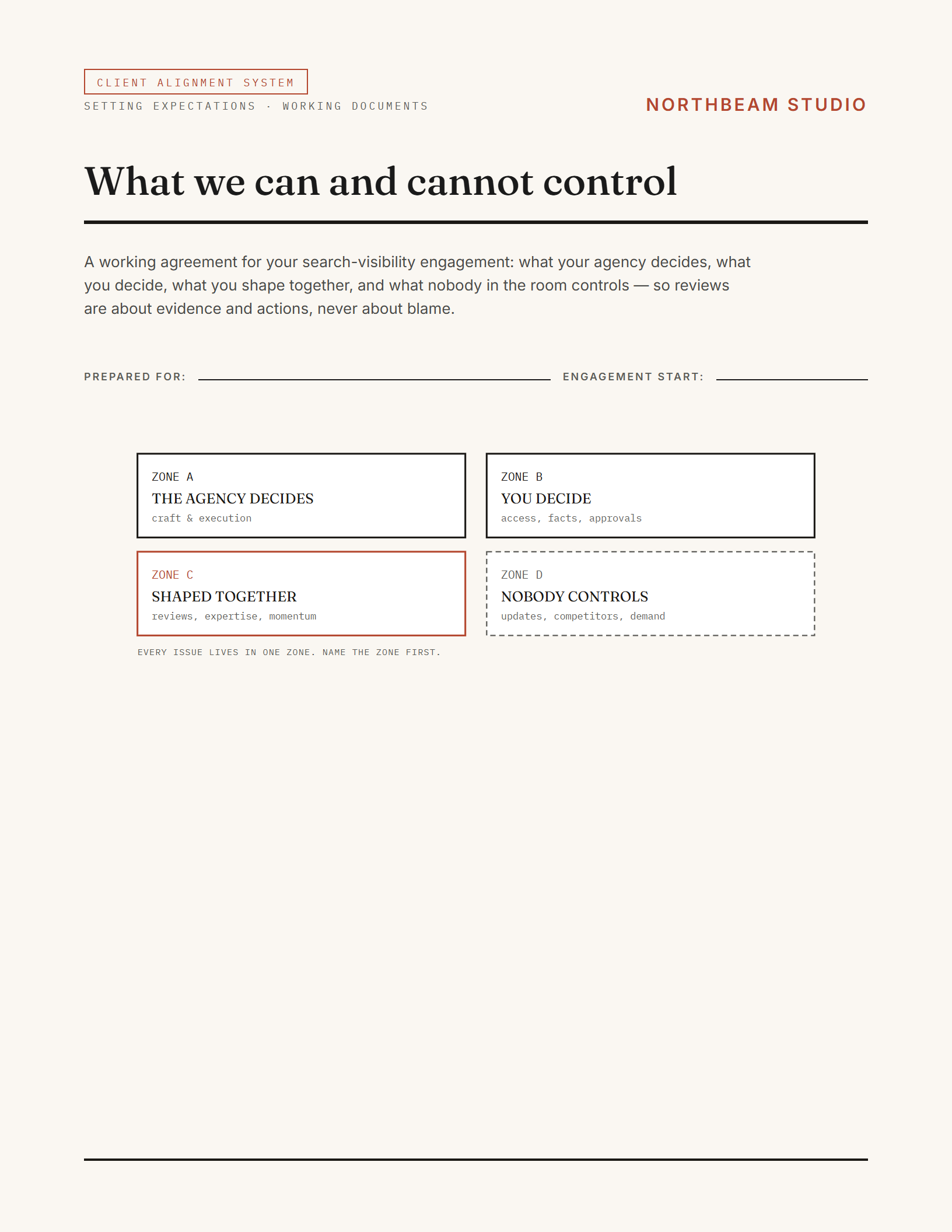 What we can and cannot control: the header rebranded with an illustrative buyer accent and logo